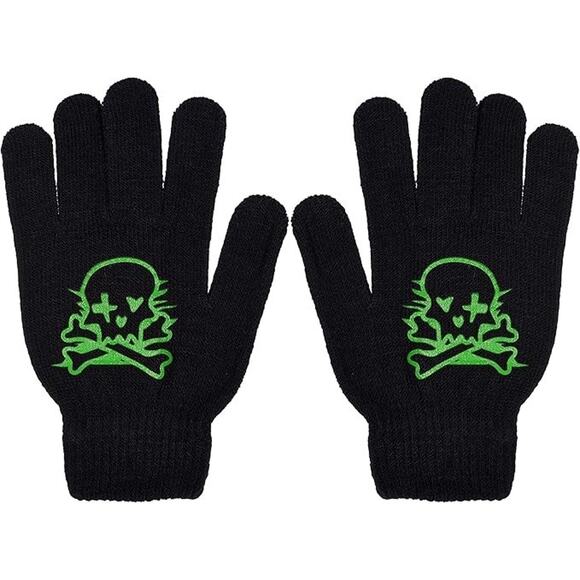 Boys 2 pairs of Gloves: 1-Halloween AND 1-Black ( Skull/X-bones Green) - Picture 2 of 3